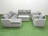 Fimous PE Rattan High Back Lounge Sofa Set Patio Oblong Coffee Table & Chairs Set with 3 Seater Sofa Reclining Chair 3 Stools 2 Side Table Light Grey
