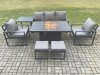 Fimous Aluminium Patio Outdoor Garden Furniture Lounge Sofa Set Gas Fire Pit Dining Table with Side Table 2 Small Footstools Dark Grey