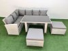 Fimous 8 Seater Wicker Rattan Corner Sofa Sets Outdoor Garden Furniture Sets with Rectangular Dining Table Lounge Sofa 2 Big Footstool Light Grey