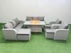 Fimous PE Rattan High Back Lounge Sofa Set Patio Firepit Dining Table & Chairs Set with 3 Seater Sofa Reclining Chair 3 Stools Light Grey