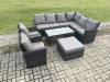 Fimous Rattan Corner Sofa Garden Furniture Set with Big Footstool Rectangular Coffee Table 2 Armchairs with Cushion Dark Grey Mixed