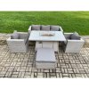 Fimous Outdoor PE Rattan Garden Furniture Gas Fire Pit Dining Table Armchairs With Big Footstool Light Grey