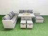 Fimous Outdoor Garden Furniture Sets 9 Seater Wicker Rattan Furniture Sofa Sets with Firepit Dining Table high Back Lounge Sofa 3 Stools 2 Side Table Light Grey