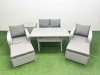 Fimous Light Grey PE Wicker Rattan Garden Furniture Set Sofa Set Reclining Chair Rectangular Dining Table 6 Seater 2 Big Stools Side Table
