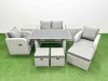 Fimous Outdoor Rattan Garden Furniture Dining Set 7-seater Patio Rectangular Table Love Sofa Reclining Chair Set with 2 Side Tables 3 Stools