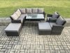Fimous High Back Outdoor Garden Furniture Set Rattan Corner Sofa Dining Table Set With 2 Big Footstool 2 Armchairs Dark Grey Mixed