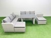 Fimous 8 Seater Rattan Outdoor Dining Table 3 Seater Sofa Set with 2 Side Tables 2 Big Stools Light Grey