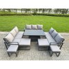 Fimous Aluminum Outdoor Patio Furniture Set Modern Patio Conversation Sets with Adjustable Rising Lifting Dining Table 3 Footstools 2 Side Tables Dark Grey