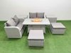 Fimous 6 Seater Outdoor Love Sofa Set Rattan Garden Furniture Set with Firepit Dining Table 2 Footstool 2 Side Tables Light Grey