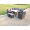 High Back Dark Mixed Grey Rattan Corner Sofa Set Outdoor Furniture Rectangular Dining Table 2 Small Footstools Chair 9 Seater
