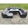 Fimous Rattan Furniture Garden Dining Set Gas Fire Pit Table With Side Table 3 Seater Sofa Footstool Dark Grey Mixed