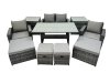 Fimous 8 Seater Wicker PE Rattan Furniture Outdoor Dining Table Double Seat Sofa 2 Side Tables 4 Stools Set Dark Grey Mixed