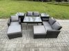 Fimous Garden Dining Set Wicker PE Rattan Outdoor Furniture Sofa with Rectangular Dining Table Double Seat Sofa 2 Side Tables 2 Big Footstool Dark Grey Mixed