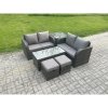 Fimous High Back Rattan Garden Furniture Set with Loveseat Sofa Rectangular Coffee Table 2 Small Footstools Side Table Indoor Outdoor Patio Lounge Sofa Set Dark Grey Mixed