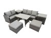 Fimous 7 Seater Garden Outdoor Rattan Furniture Set Rattan Sofa Oblong Dining Table with 2 Side Tables 2 Big Stools Dark Grey