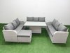 Fimous PE Rattan Lounge Sofa Set 10 Seater Outdoor Garden Furniture Set with Adjustable Lifting Dining or Coffee Table 3 Seater Sofa Big Footstool Light Grey