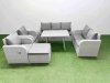 Fimous PE Rattan Garden Furniture Set Outdoor Rectangular Dining Table Sofa Set with Reclining Chair Big Stool Light Grey