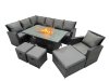 Fimous Poly Rattan Outdoor Patio Gas Firpit Dining Table Corner Sofa Set with 3 Stools Chair for Garden Backyard Dark Grey Mixed