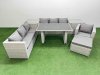 Fimous Patio Garden Furniture Sets with Black Glass Top Dining Table 3 Seater Sofa Armchair 2 Side Tables Big Stool Light Grey