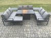 Fimous Aluminium 10 Seater Garden Furniture Outdoor Set Patio Lounge Sofa Gas Fire Pit Dining Table Set with Big Footstool 2 Side Tables Dark Grey