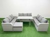 Fimous PE Rattan Lounge Sofa Set 10 Seater Outdoor Garden Furniture Set with Rectangular Dining Table 3 Seater Sofa Big Footstool Side Table Light Grey