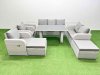 Fimous 9 Seater Garden Furniture Set PE Ratten Garden Sofa Set with Rectangular Dining Table 2 Big Stool 2 Side Tables Light Grey