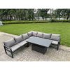 Fimous Aluminium Adjustable Rising Lifting Dining Table Sofa Set 12 Seat Aluminium Garden Furniture Sets with 3 Footstools 3 Chairs Dark Grey