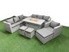 Fimous 10 Seat PE Rattan Lounge Sofa Set Outdoor Garden Furniture Set with Firepit Dining Table 3 Seater Sofa 3 Stools Light Grey
