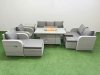 Fimous PE Rattan Garden Furniture Set Reclining Chair Sofa Double Love Seat 2 Seater Sofa Lounge Set Firepit Dining Table 3 Stools Side Table Light Grey