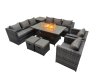 Fimous 10 Seater Garden Outdoor Rattan Furniture Set Patio Corner Sofa Gas Firepit Dining Table with Side Table 2 Small Stools Dark Grey