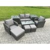 Fimous Rattan Lounge Sofa Set Outdoor Garden Furniture Set with Rectangular Coffee Table Love Sofa 2 Side Tables 3 Footstools Dark Grey Mixed