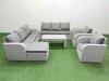 Fimous PE Rattan High Back Lounge Sofa Set Patio Oblong Coffee Table & Chairs Set with 3 Seater Sofa Reclining Chair Big Footstool 2 Side Table Light Grey