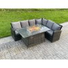 Fimous High Back Outdoor Rattan Corner Sofa Set Garden Furniture Set Gas Fire Pit Dining Table Gas Heater 6 Seater
