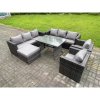 Fimous 8 Seater Rattan Outdoor Furniture Sofa Garden Dining Set with Patio Dining Table 2 Armchairs Big Footstools Dark Grey Mixed