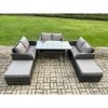 Fimous Patio Rattan Garden Furniture Set with Oblong Rectangular Dining Table 2 Big Footstool 8 Seater Outdoor Lounge Loveseat Sofa Set Dark Grey Mixed