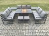 Fimous Aluminium 11 Seater Garden Furniture Outdoor Set Patio Lounge Sofa Gas Fire Pit Dining Table Set with 2 Small Footstools 2 Side Tables Dark Grey