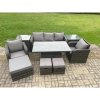 Fimous Outdoor Rattan Furniture Sofa Garden Dining Sets Height Adjustable Rising lifting Table and Chair Set With 2 Side Tables 3 Footstools