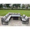 Fimous 9 Piece L-shaped Garden Furniture Set 10-Seater Aluminium Outdoor Dining Set with Adjustable Rising Lifting Dining Table Chair 2 Small Footstools Dark Grey