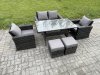 Fimous 6 Seater PE Wicker Outdoor Garden Furniture Set Patio Furniture Rattan Rectangular Dining Table Lounge Sofa with 2 Small Footstools