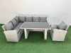 Fimous 7 Seater Wicker Rattan Corner Sofa Sets Outdoor Garden Furniture Sets with Rectangular Dining Table Lounge Sofa Armchair Light Grey