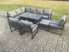Fimous Aluminium Outdoor Garden Furniture Corner Sofa Gas Fire Pit Dining Table Sets Gas Heater Burner with 3 Chairs Big Footstool Dark Grey 10 Seater