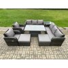 Fimous Rattan Outdoor Garden Furniture Sets Height Adjustable Rising lifting Dining Table Reclining Chair Sofa Set with Side Tables 2 Big Footstools Dark Grey Mixed