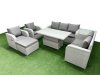 Fimous PE Rattan Garden Furniture Set Reclining Chair Sofa Double Love Seat 2 Seater Sofa Lounge Set Adjustable Lifting Dining or Coffee Table Big Footstool Side Table Light Grey