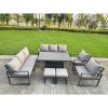 Fimous Garden Aluminium Furniture Set Dark Grey 9 Seater Outdoor Patio Adjustable Rising Lifting Dining Table with 2 Chairs 2 Side Tables Big Footstool Dark Grey