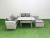 Fimous 5 Seater Outdoor Love Sofa Set Rattan Garden Furniture Set with Rectangular Dining Table Big Footstool 2 Side Tables Light Grey
