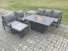 Fimous Aluminium Outdoor Garden Furniture Set Gas Fire Pit Dining Table Set Gas Heater Burner with 2 Arm Chair Side Table Big Footstool Dark Grey 6 Seater