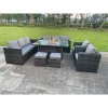 Fimous Outdoor Rattan Garden Furniture Gas Fire Pit Dining Table Sets Gas Heater Lounge Chairs Small Footstools Dark Mixed Grey 10 Seater