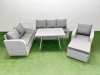 Fimous Rattan High Back Lounge Sofa Set Patio Dining Table & Chairs Set with 3 Seater Sofa Reclining Chair Side Table Big Stool Light Grey