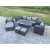 Fimous Outdoor Garden Furniture Set Patio Rattan Rectangular Dining Table Lounge Sofa Chair with 2 Side Table Big Footstool 2 Small Stools 8 Seater Dark Grey Mixed