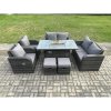 Fimous Rattan Outdoor Garden Furniture Sofa Set Gas Fire Pit Dining Table Gas Heater with Love Sofa 2 Small Footstool 8 Seater Dark Grey Mixed